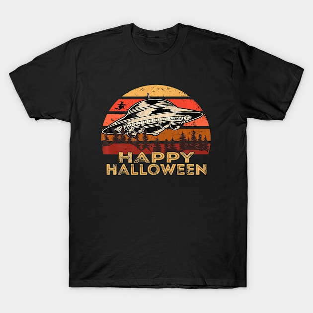 UFO Witch at the Tree Line Retro Sunset Happy Halloween Premium T-Shirt by MarrinerAlex